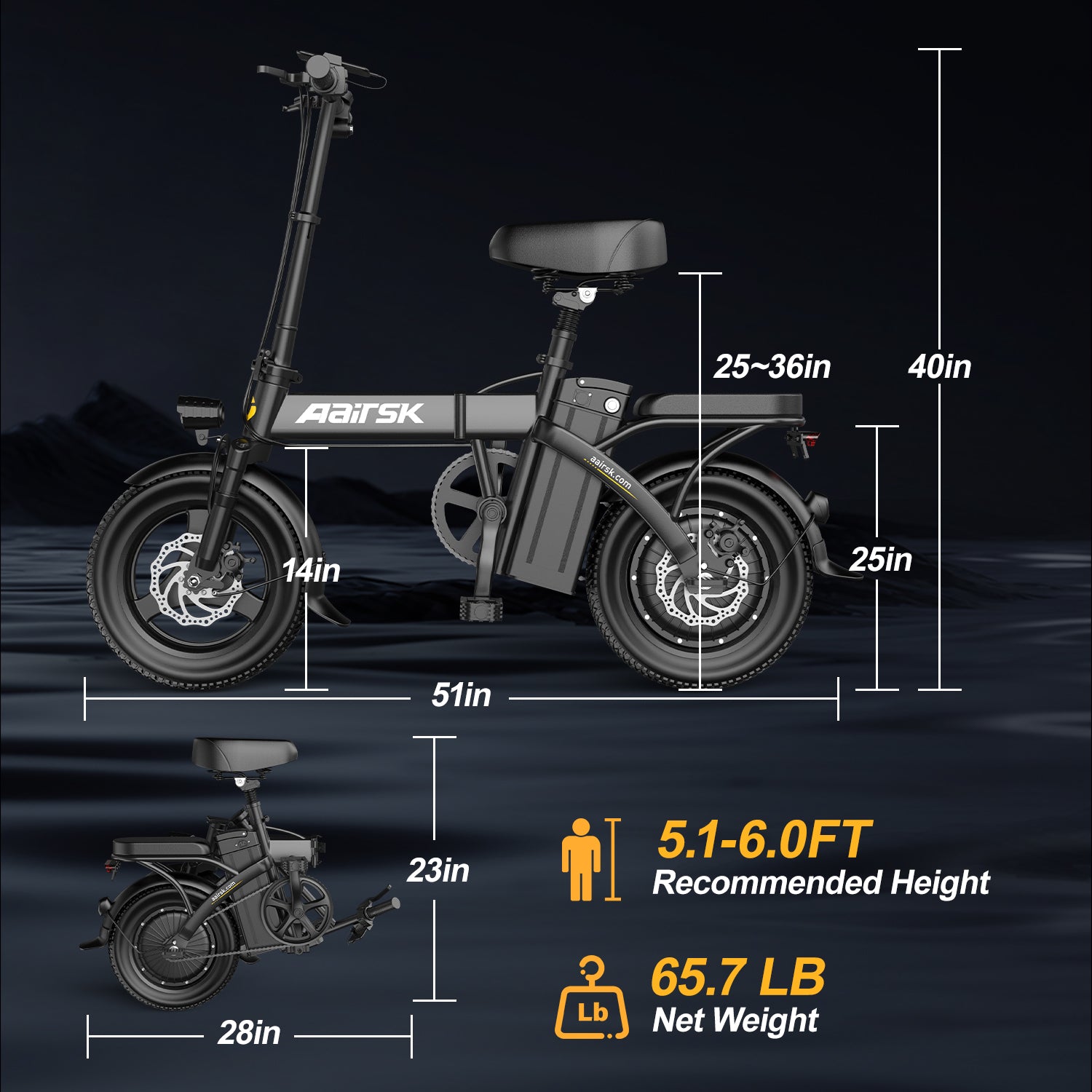 Aairsk F6 PRO 14" Folding Electric Bike for Adults, 500W Motor with 48V 15Ah Battery, Up to 20MPH, Dual Disc Brakes, Shock Absorption, LCD Display, Portable Commuter E-Bike
