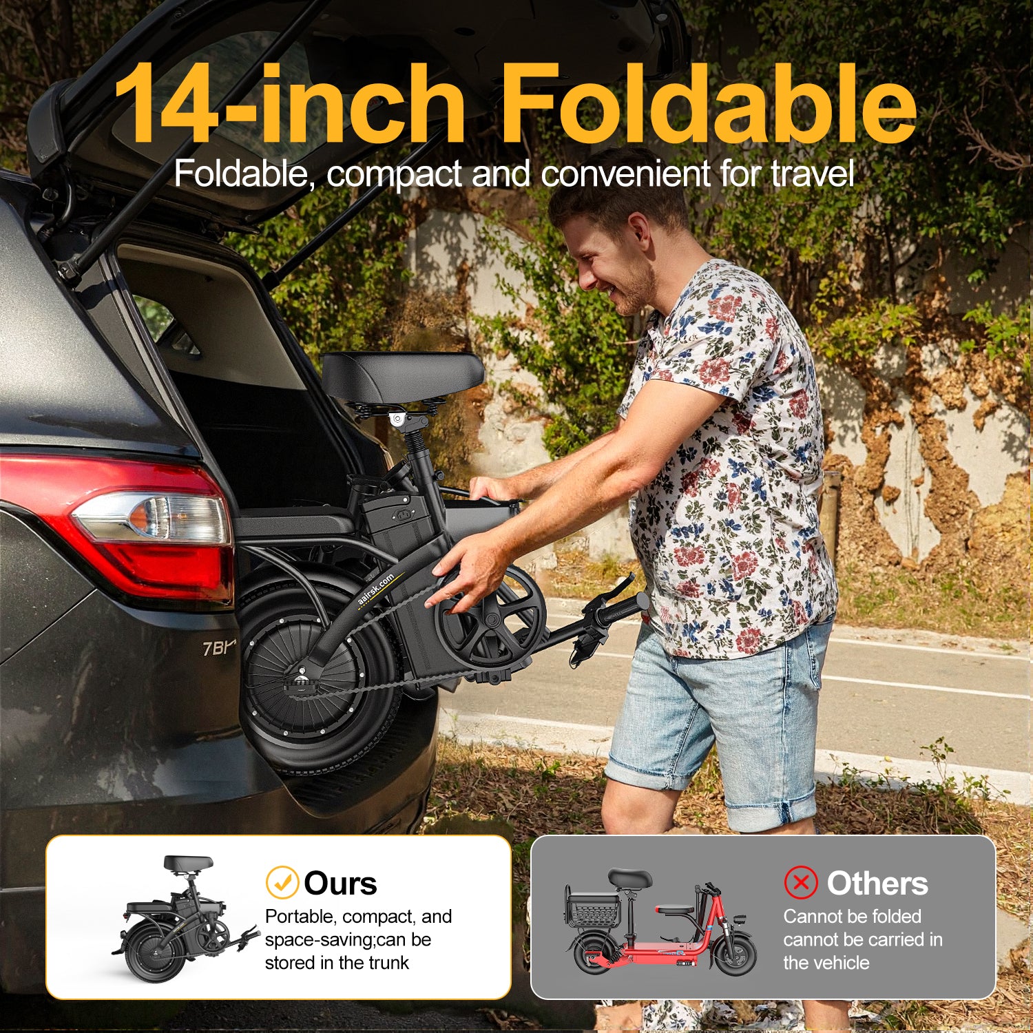 Aairsk F6 PRO 14" Folding Electric Bike for Adults, 500W Motor with 48V 15Ah Battery, Up to 20MPH, Dual Disc Brakes, Shock Absorption, LCD Display, Portable Commuter E-Bike