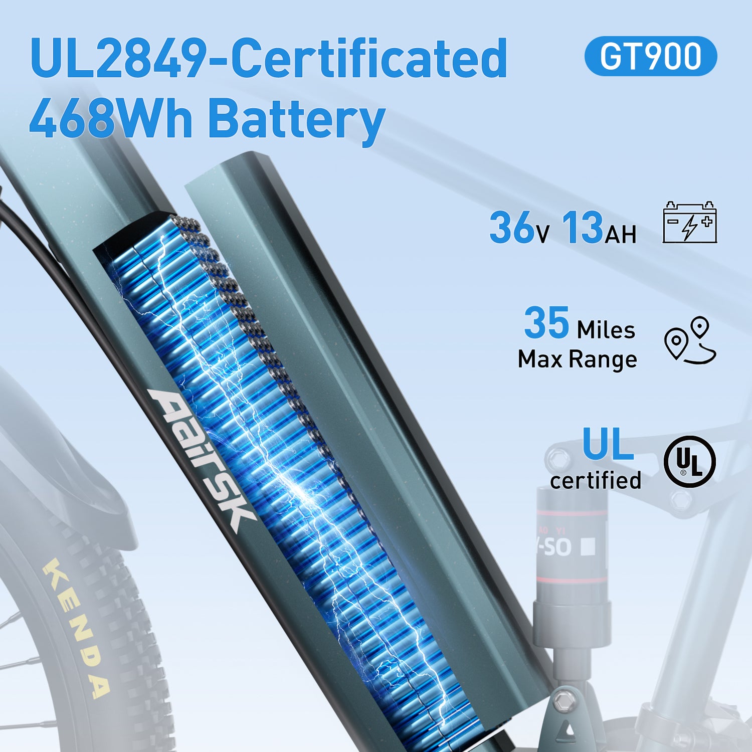 Aairsk GT900 26" Electric Bike 748W(Peak) Motor, 36V 13AH Battery, Dual Suspension, Ideal for City and Trail Rides