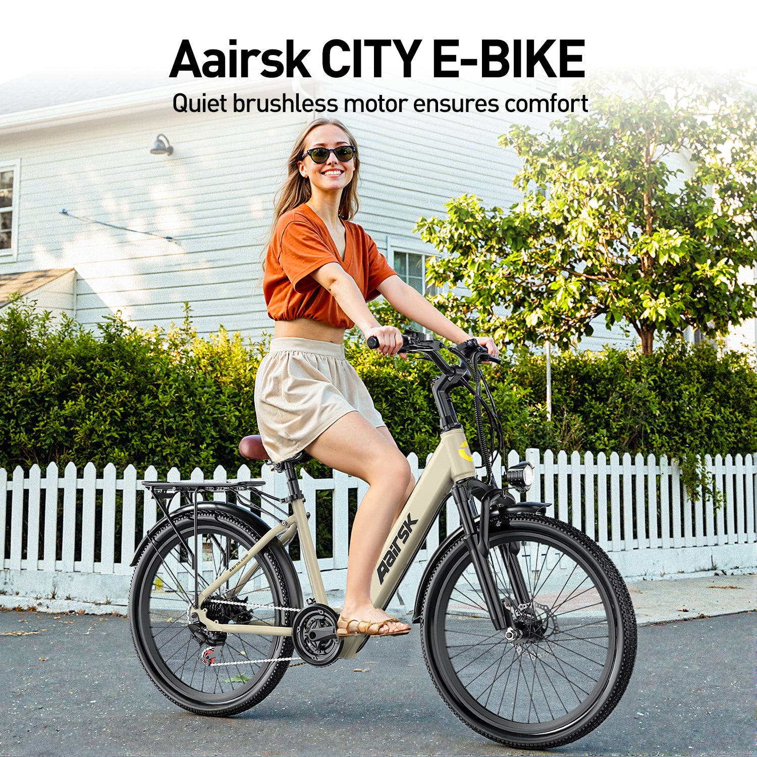 Aairsk SU7 Step-Thru 24" Electric City Bike for Adults, 400W Motor(PEEK 748W), 36V 13Ah Battery, Shimano 7-Speed, LCD Display with Card Access, Rear Rack, Headlight