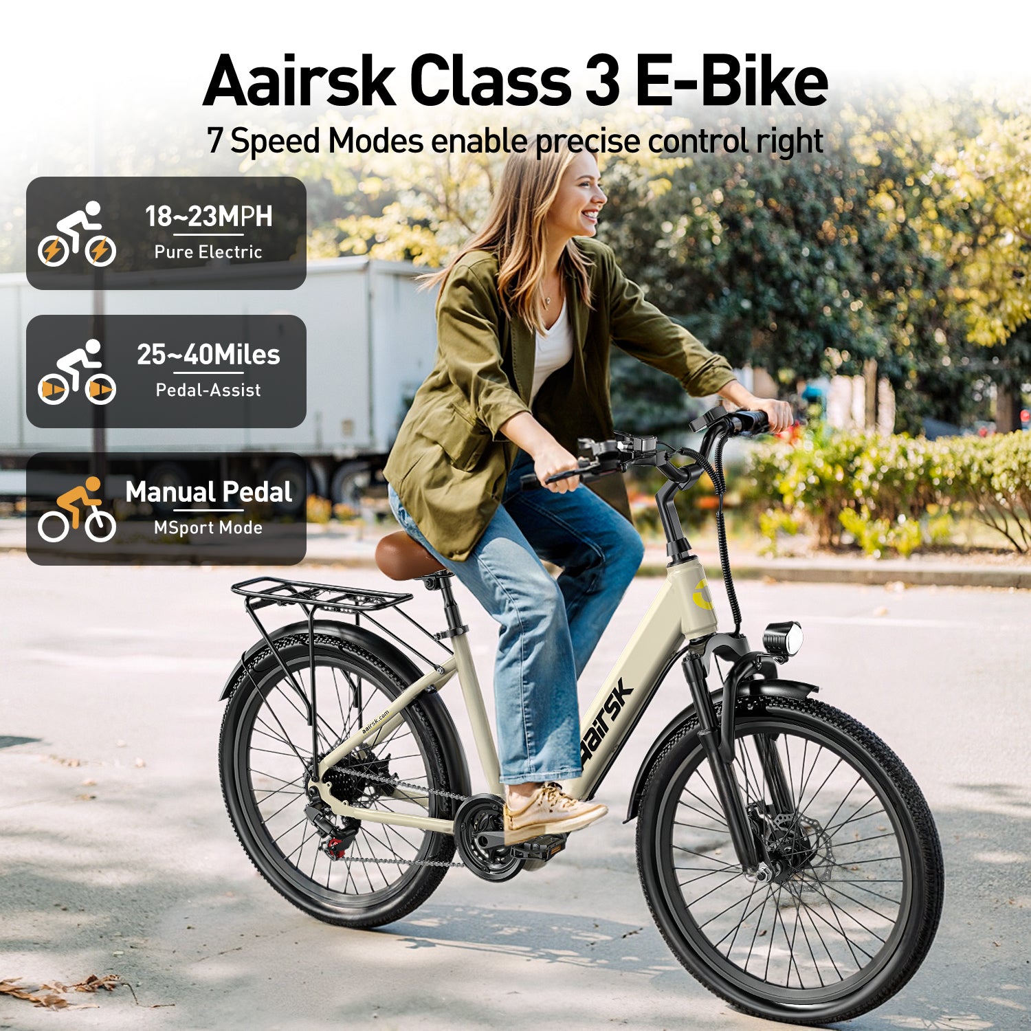 Aairsk SU7 Step-Thru 24" Electric City Bike for Adults, 400W Motor(PEEK 748W), 36V 13Ah Battery, Shimano 7-Speed, LCD Display with Card Access, Rear Rack, Headlight