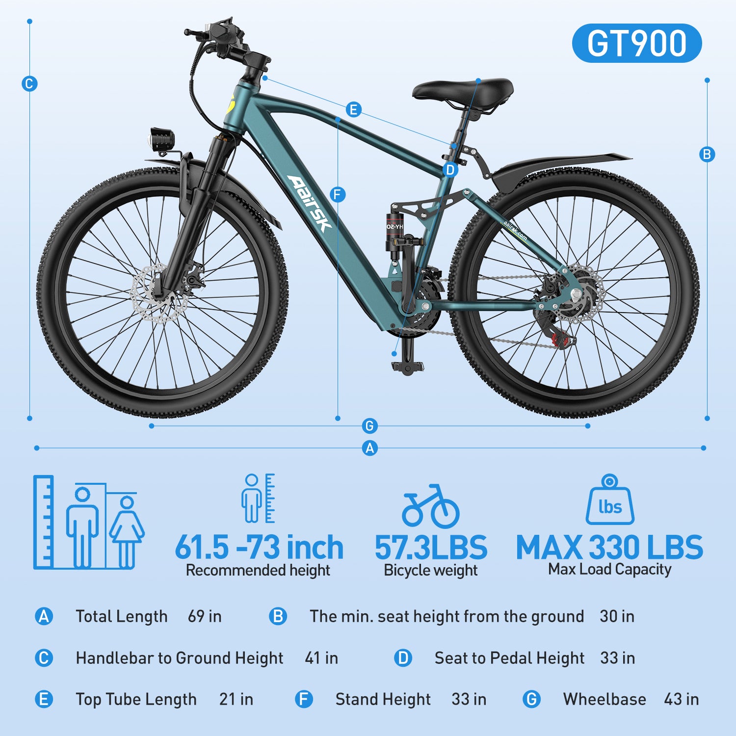 Aairsk GT900 26" Electric Bike 748W(Peak) Motor, 36V 13AH Battery, Dual Suspension, Ideal for City and Trail Rides