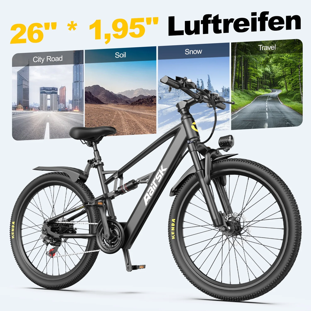 Aairsk F1 Electric Bike, 748W Motor, 36V 13AH Battery, Dual Suspension, 26" Tires – Ideal for City & Trail Rides